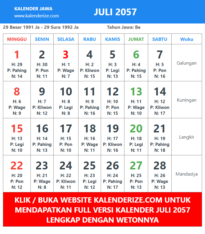 gambar kalender jawa Juli Tahun 2057 