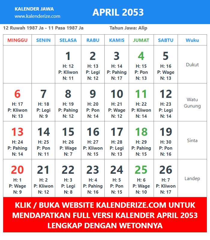gambar kalender jawa April Tahun 2053 