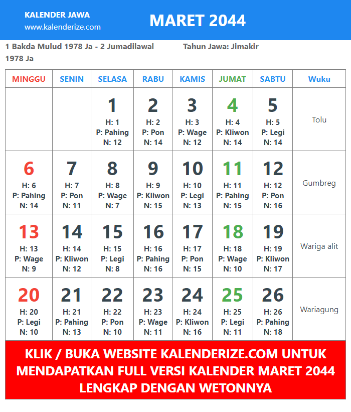 gambar kalender jawa Maret Tahun 2044 