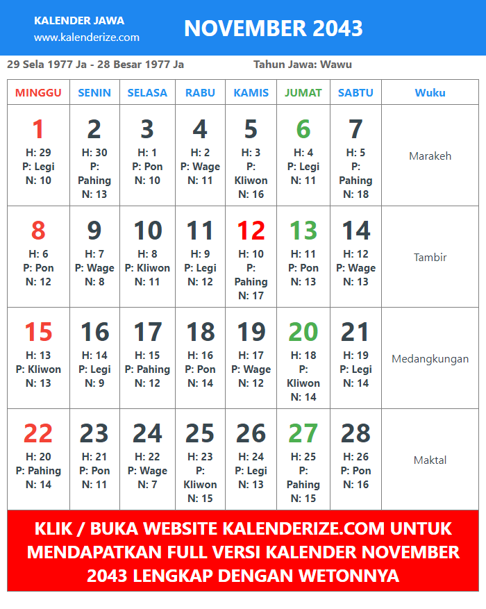 gambar kalender jawa November Tahun 2043 