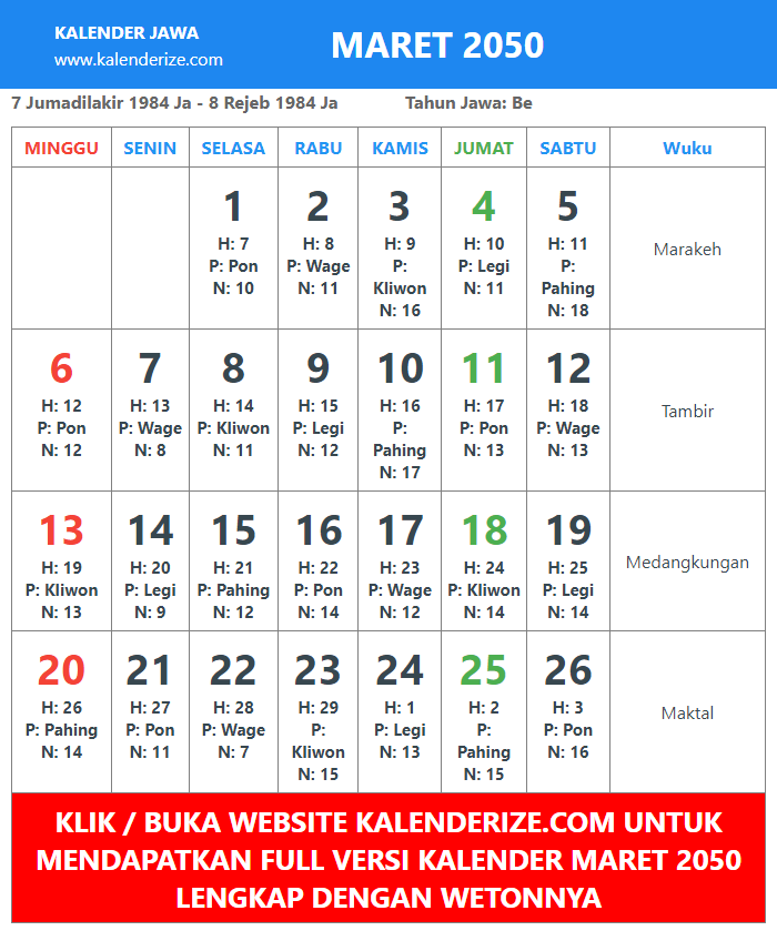 gambar kalender jawa Maret Tahun 2050 