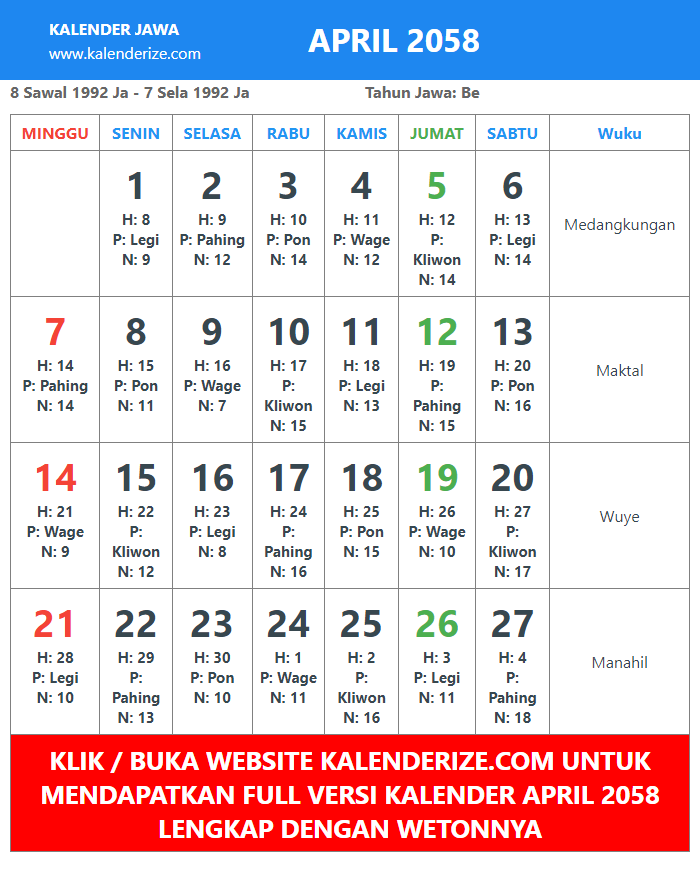gambar kalender jawa April Tahun 2058 