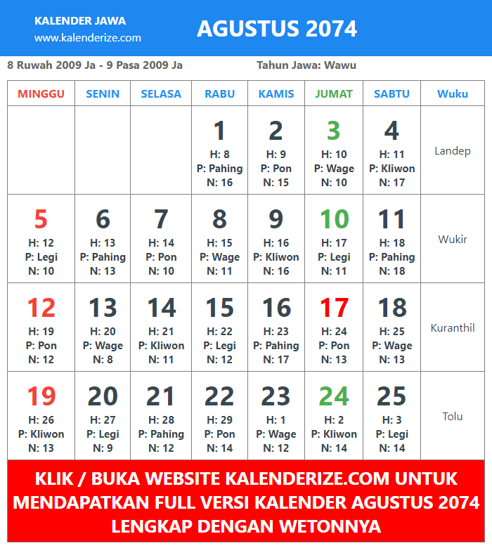 gambar kalender jawa Agustus Tahun 2074 