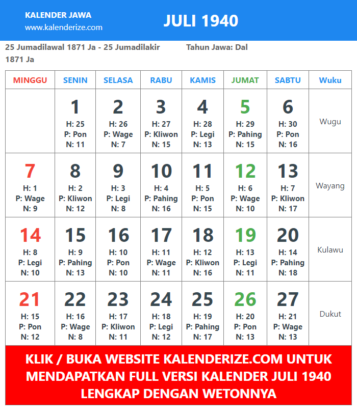 gambar kalender jawa Juli Tahun 1940 
